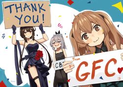  3girls :3 absurdres black_dress bow brown_eyes brown_hair dress english_commentary english_text girls&#039;_frontline gloves grey_hair hair_ornament hairbow highres holding holding_sign kion-kun m200_(girls&#039;_frontline) m200_(war_correspondent)_(girls&#039;_frontline) multiple_girls official_alternate_costume open_mouth purple_eyes scar scar_across_eye scar_on_face second-party_source sign smile strapless strapless_dress twitter_username type_79_(fox_steps_under_star_night)_(girls&#039;_frontline) type_79_(girls&#039;_frontline) ump9_(girls&#039;_frontline) ump9_(the_world&#039;s_melody)_(girls&#039;_frontline) 