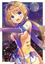  :d bare_shoulders blue_eyes blue_gloves blurry blurry_background blush breasts choukou_sennin_haruka cleavage commentary_request commission depth_of_field elbow_gloves female fishnets full_moon gloves hair_between_eyes hair_intakes hairband kou_hiyoyo light_brown_hair long_hair looking_at_viewer low_ponytail medium_breasts moon ponytail purple_hairband shirt skeb_commission sleeveless sleeveless_shirt smile solo takamori_haruka very_long_hair yellow_shirt 