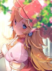  blonde_hair blue_eyes blush commentary crown earrings female gloves jewelry long_hair mario_(series) nachoz_(nachozart) parasol princess_peach solo symbol-only_commentary umbrella 