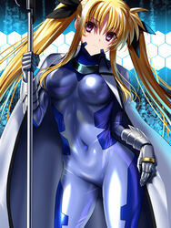  bardiche_(assault_form)_(nanoha) bardiche_(nanoha) blonde_hair blue_bodysuit bodysuit commentary_request contrapposto cowboy_shot dark_persona empty_eyes fate_testarossa female highres latex latex_bodysuit long_hair looking_at_viewer lyrical_nanoha mahou_shoujo_lyrical_nanoha_strikers numbers&#039;_uniform numbers_(nanoha) polearm red_eyes revision sen_(sansui) shiny_clothes skin_tight solo standing twintails weapon 