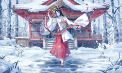  bell bird black_hair commentary commentary_request crane_(animal) crown december female hakama hakama_skirt highres hime_cut holding japanese_clothes jingle_bell kagura_suzu long_hair looking_at_viewer miko original personification red_hakama ryuu32 shrine skirt smile snow solo very_long_hair 