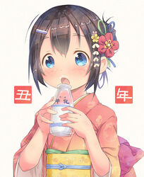  :o black_hair blue_eyes bottle braid commentary female floral_print flower grey_background hair_between_eyes hair_flower hair_ornament hands_up holding holding_bottle japanese_clothes kimono milk milk_bottle milk_mustache nengajou new_year obi open_mouth original pink_flower print_kimono pu-en red_flower red_kimono sash short_sleeves sidelocks simple_background solo upper_body wide_sleeves yellow_flower 