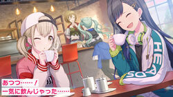  4girls aqua_hair azusawa_kohane backwards_hat baseball_cap black_hair black_hoodie black_shirt blonde_hair blue_hair brown_eyes brown_hair brown_shirt cafe closed_eyes clothes_around_waist coffee colorful_palette cup earrings gradient_hair hair_ornament hairclip hat hatsune_miku headphones headphones_around_neck highres hood hoodie jacket jacket_around_waist jewelry letterman_jacket long_hair long_sleeves medium_hair meiko_(vocaloid) multicolored_hair multiple_girls official_art one_eye_closed pink_jacket project_sekai shiraishi_an shirt short_twintails smile source_request star_(symbol) star_earrings teacup translated twintails vivid_bad_squad_(project_sekai) vivid_bad_squad_meiko vivid_bad_squad_miku vocaloid 