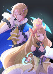  1boy alfred_(fire_emblem) bare_shoulders blonde_hair blue_cape book breasts brother_and_sister butterfly_hair_ornament cape celine_(fire_emblem) cleavage crown detached_sleeves dress female fire_emblem fire_emblem_engage green_eyes hair_ornament highres holding holding_book long_hair long_sleeves looking_at_viewer open_book short_hair siblings simple_background small_breasts twitter_username very_long_hair yutohiroya 