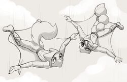  2023 absurd_res anthro canid canine clothed clothing cloud diane_foxington dreamworks duo eyebrow_piercing eyebrows eyelashes facial_piercing falling female fox hair hi_res hood krystal_(star_fox) mammal mask membrane_(anatomy) monochrome naaraskettu nintendo patagium piercing skydiving star_fox the_bad_guys wingsuit 