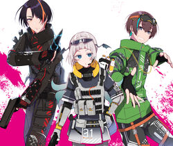  2boys angel_city_hustler_mirage apex_legends aqua_eyes arched_bangs ashieda_lenri bad_id bad_twitter_id bangalore_(apex_legends) bangalore_(apex_legends)_(cosplay) black_gloves black_hair blue_hair bright_pupils brown_hair commentary cosplay electricity female fingerless_gloves gloves goggles goggles_on_head green_jacket grey_eyes gun hand_on_own_hip handgun headset highres holding holding_gun holding_knife holding_weapon hope&#039;s_dusk_(apex_legends) indie_virtual_youtuber jacket knife looking_to_the_side mirage_(apex_legends) mirage_(apex_legends)_(cosplay) mole mole_under_eye mole_under_mouth multicolored_hair multiple_boys natsume_ulta officer_williams_bangalore orange_eyes orange_hair p2020_(pistol) pochi_(pochi-goya) pochimaru_(vtuber) puckered_lips smile streaked_hair vengeance_seeker_wraith virtual_youtuber weapon white_pupils wraith_(apex_legends) wraith_(apex_legends)_(cosplay) 