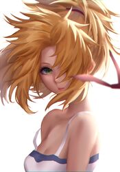  bad_id bad_pixiv_id bare_shoulders blonde_hair blush breasts chinese_commentary collarbone commentary_request fate/apocrypha fate_(series) female green_eyes hair_ornament hair_scrunchie highres hua-j long_hair looking_at_viewer messy_hair mordred_(fate) mordred_(fate/apocrypha) ponytail red_scrunchie scrunchie shirt simple_background small_breasts smile solo upper_body white_background white_shirt 