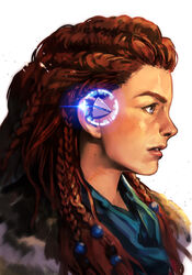  aloy_(horizon) beads blue_eyes braid braided_bangs earpiece female focus_(horizon) freckles from_side glint hair_beads hair_ornament hair_slicked_back headset horizon_(video_game) horizon_zero_dawn hungry_clicker jewelry lips long_hair nose parted_lips pelt profile red_hair solo twin_braids 