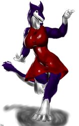  2011 anthro big_breasts bigshow blue_eyes breasts claws clothing dancing dress female fur gloves_(marking) herm_(lore) hi_res leg_markings markings multicolored_body multicolored_fur red_clothing red_dress rose_(sergal) sergal simple_background socks_(marking) solo tail tail_tuft toe_claws tuft two_tone_body two_tone_fur white_background 