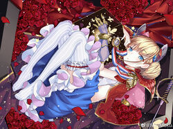  absurdres artist_name azur_lane backless_dress backless_outfit blonde_hair blue_eyes blue_skirt blunt_bangs blush bow breasts cape clock closed_mouth commentary_request double_bun dress epaulettes feet female flower french_flag frilled_dress frilled_skirt frilled_thighhighs frills from_above full_body gauntlets glint hair_bun hair_ornament headgear highres holding kikimi knees_up le_triomphant_(azur_lane) long_hair looking_at_viewer lying multicolored_clothes no_shoes on_side petals plantar_flexion pocket_watch rapier red_cape red_flower red_rose ribbon roman_numeral rose rose_petals sideless_outfit sidelocks single_gauntlet skirt small_breasts smile solo sparkle star_(symbol) striped_clothes striped_thighhighs sword thighhighs two-sided_cape two-sided_fabric vertical-striped_clothes vertical-striped_thighhighs watch watermark weapon weibo_watermark white_thighhighs 