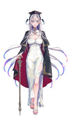  :d absurdres bandaged_leg bandages black_cape blue_eyes blush breasts bridal_gauntlets cane cape cleavage cleavage_cutout clothing_cutout colored_inner_hair commentary_request dress facial_mark feet female full_body gradient_hair grey_hair hair_between_eyes hat head_wings highres horizontal_pupils indie_virtual_youtuber large_breasts legs long_hair mole mole_under_mouth multicolored_hair nail_polish open_mouth pochi_(pochi-goya) pochimaru_(vtuber) pochimaru_(vtuber)_(4th_costume) purple_hair sandals side_slit simple_background smile solo tachi-e toenail_polish toenails toes virtual_youtuber white_background white_dress white_footwear wings 