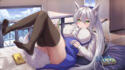  animal_ears bed black_thighhighs blush book borrowed_character bow breasts buran_(22x) cellphone center_frills cityscape commission dress feet female fox_ears fox_tail frills full_body green_eyes grey_hair hair_between_eyes hairbow highres indoors knees_together_feet_apart knees_up large_breasts legs_up long_hair long_sleeves looking_at_viewer lying no_shoes on_back original parted_lips phone pillow pink_nails ponytail sidelocks skeb_commission slit_pupils smartphone soles solo tail taut_clothes taut_dress thick_thighs thighhighs thighs toes tsurime underbust very_long_hair zettai_ryouiki 