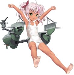  ahoge armpits arms_up bare_arms bare_legs bare_shoulders barefoot bow comandante_cappellini_(kancolle) dark-skinned_female dark_skin female flat_chest full_body green_eyes hairbow i-503_(kancolle) jiji_(aardvark) kantai_collection light-skinned_soles long_hair looking_at_viewer multicolored_hair official_art one-piece_swimsuit pink_hair red_bow rigging school_swimsuit soles solo streaked_hair swimsuit tan transparent_background twintails white_one-piece_swimsuit 