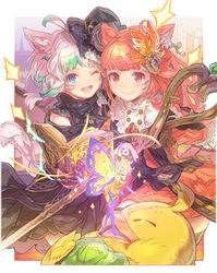  +_+ 3girls ;d ahoge animal_ear_fluff animal_ears bare_shoulders black_dress black_headwear blonde_hair blue_eyes book boots breasts closed_mouth commentary_request commission dress elbow_gloves facial_mark fairy_wings final_fantasy final_fantasy_xiv gloves green_hair grey_hair haku_(sabosoda) hat highres holding holding_book looking_at_viewer mini_hat mini_top_hat multicolored_hair multiple_girls nail_polish one_eye_closed open_book orange_dress orange_hair pantyhose purple_footwear purple_gloves purple_nails red_eyes skeb_commission small_breasts smile staff streaked_hair tail thigh_boots tilted_headwear top_hat warrior_of_light_(ff14) whisker_markings wings yellow_dress yellow_pantyhose 