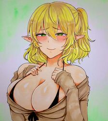  alternate_costume bikini bikini_under_clothes black_bikini blonde_hair blush breasts bright_pupils brown_shirt cleavage closed_mouth commentary_request female green_eyes half-closed_eyes hands_on_own_breasts highres large_breasts looking_at_viewer mizuhashi_parsee off_shoulder pointy_ears shirt short_hair short_ponytail sleeves_past_wrists smile solo swimsuit touhou traditional_media upper_body washiwa white_pupils 