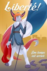  2019 anthro antifa arc_de_triomphe canid canine clothed clothing detailed_background eiffel_tower exclamation_point eyebrows female flag flag_(object) fluffy fluffy_tail fox france freckles french_flag french_text fur gradient_background grey_body grey_fur hair hi_res holding_flag holding_object mammal military nazi nazi_flag orange_hair paris partially_clothed pink_nose politics poster poster_template propaganda resistance simple_background solo standing swastika tail text thepimpartist traditional_media_(artwork) translated world_war_2 yellow_eyes 