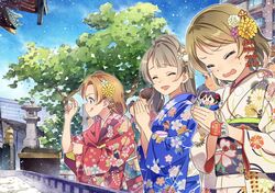  3girls :q aiming apartment blue_eyes blue_kimono blue_sky brown_hair character_doll commentary_request day faceless floral_print flower hair_bun hair_flower hair_ornament highres japanese_clothes katou_akatsuki kimono koizumi_hanayo kosaka_honoka long_hair long_sleeves love_live! love_live!_school_idol_project minami_kotori multiple_girls new_year obi obiage obijime one_side_up open_mouth orange_hair outdoors own_hands_together praying printemps_(love_live!) profile red_kimono sash short_hair shrine single_side_bun sky sleeves_rolled_up tongue tongue_out tree white_kimono wide_sleeves yazawa_nico 