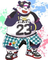  2020 4:5 alp_(tas) anthro bear blush bottomwear bulge clothing fur giant_panda hat headgear headwear hi_res humanoid_hands kemono lifewonders male mammal one_eye_closed overweight overweight_anthro overweight_male purple_body purple_fur shirt shorts solo tokyo_afterschool_summoners topwear white_body white_fur wink yaki_atsuage 