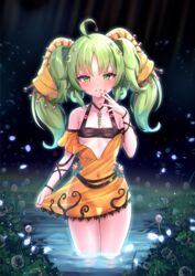  absurdres ahoge blush breasts covered_navel dress duel_monster female green_eyes green_hair hand_up highres korean_commentary kumarang plant see-through see-through_dress see-through_silhouette skirt_hold small_breasts solo thigh_gap traptrix_sera twintails wading water yu-gi-oh! 