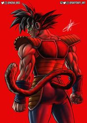  1boy armor ass bardock black_hair colorized commentary daffduff dragon_ball dragon_ball_super english_commentary from_behind guillem_dauden highres looking_to_the_side male_focus monkey_tail muscular muscular_male red_background saiyan_armor scar scar_on_cheek scar_on_face scouter serious short_hair signature simple_background skin_tight solo spiked_hair tail twitter_username wristband 