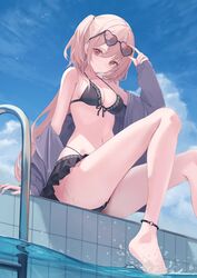  ankle_strap bare_legs bare_shoulders barefoot bikini bikini_skirt black-framed_eyewear black_bikini blue_sky breasts closed_mouth eyewear_on_head female frilled_skirt frills front-tie_bikini_top front-tie_top halterneck hand_up heart heart-shaped_eyewear highres jacket long_hair long_sleeves looking_at_viewer mizu_(lzzrwi603) navel off_shoulder one_side_up open_clothes open_jacket original outdoors pink_hair pool red_eyes sidelocks sitting skindentation skirt sky smile stomach swimsuit thighs water wet 