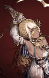  andromeda_(fate) andromeda_(first_ascension)_(fate) armpits arms_up blonde_hair braid breasts chains crown_braid cuffs dark-skinned_female dark_background dark_skin fate/grand_order fate_(series) female fingernails gold_chain green_eyes long_hair newflame shackles skirt stretching white_skirt 