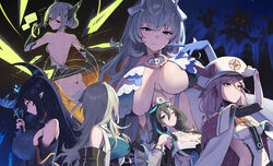  armor ass belian_(epic_seven) black_hair blue_eyes blush braid breasts cleavage command_model_laika_(epic_seven) dress eda_(epic_seven) epic_seven everyone flan_(epic_seven) gloves grey_hair hat highres horns karadborg landy_(epic_seven) long_hair md5_mismatch night one_eye_closed pointy_ears politis_(epic_seven) ponytail red_eyes short_hair silhouette sky staff thighhighs wristwear yellow_eyes 