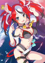  absurdres animal_ears aqua_bow bikini black_bikini black_collar black_hair blue_eyes bow breasts cleavage collar commentary_request female gorimaro hakos_baelz highres hololive hololive_english large_breasts looking_at_viewer midriff mouse_ears mouse_girl mouse_tail multicolored_hair navel open_mouth red_hair red_tail sharp_teeth sidelocks skindentation solo spiked_collar spikes streaked_hair swimsuit tail tail_bow tail_ornament teeth twintails upper_body virtual_youtuber white_hair 