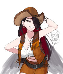  2girls asymmetrical_horns black_hair braid breasts bright_pupils bulging_eyes colored_inner_hair cosplay cowboy_hat cowboy_western cowgirl_(western) crisis_core_final_fantasy_vii dasdokter demon_horns final_fantasy final_fantasy_vii final_fantasy_vii_rebirth final_fantasy_vii_remake hat highres hololive hololive_english horns large_breasts long_hair looking_at_viewer mamarissa mature_female mole mole_under_eye mother_and_daughter multicolored_hair multiple_girls nerissa_ravencroft open_mouth red_eyes red_hair smile tifa_lockhart tifa_lockhart_(cosplay) tifa_lockhart_(cowgirl) two-tone_hair virtual_youtuber white_pupils 