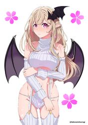  absurdres bare_shoulders bat_wings blonde_hair breasts detached_sleeves female garter_straps hair_ornament highres kou_mariya meme_attire multicolored_hair panties pink_eyes pointy_ears sleeveless sleeveless_turtleneck sweater takezomitsurugi thighhighs turtleneck turtleneck_sweater underwear v4mirai virgin_destroyer_sweater virtual_youtuber wings 