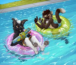  absurd_res anthro clothing duo enjoying hi_res katxfish male male/male pawpads paws pool pool_toy relaxing soaked summer swimming swimming_pool swimwear toy toy_gun water water_gun 