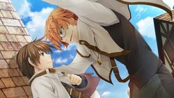  2boys alto_travers atelier-moo belt bespectacled blue_eyes brown_hair closed_mouth cloud eleick_meola glasses green_eyes hair_between_eyes kabedon long_sleeves multiple_boys open_mouth short_hair sky smile standing town wizards_symphony 