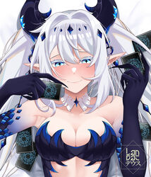  +_+ bare_shoulders black_horns blue_eyes blush breasts card cardfight!!_vanguard cleavage closed_mouth collarbone colored_eyelashes diamond_hair_ornament dragon_girl dragon_horns female hair_between_eyes highres holding holding_card horns landacdeus large_breasts nova_aokami playing_card pointy_ears signature smile solo symbol-shaped_pupils twintails upper_body virtual_youtuber vreverie white_hair 