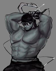  1boy abs bandana bara colored_skin cowboy_shot facial_hair gloves goatee_stubble grey_skin greyscale highres hook large_pectorals luanhi3 madness_combat male_focus monochrome muscular muscular_male navel navel_hair nipples pants pectorals sanford_(madness_combat) solo sparse_chest_hair standing stomach strongman_waist stubble sunglasses unfinished 