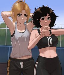  2girls absurdres adidas armpits arms_behind_head arms_up black_eyes black_hair black_leggings black_sports_bra blonde_hair breasts crop_top freckles grey_tank_top highres jessie_(veyonis) leggings looking_at_watch medium_breasts medium_hair messy_hair midriff_peek multiple_girls navel original outdoors pants see-through see-through_shirt shirt short_hair sky small_breasts smile split_mouth sports_bra stadium stomach striped_clothes tank_top tight_clothes tight_pants tomboy track_pants tying_hair vertical-striped_sports_bra veyonis yoga_pants yuna_(veyonis) 