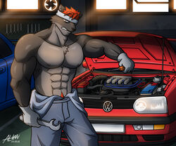  6:5 abs absurd_res alkan anthro areola bandana big_pecs biped black_eyes bottomwear brown_body brown_fur car clothed clothing engine fur gloves hair handwear hi_res kerchief male mammal multicolored_body multicolored_fur muscular muscular_anthro muscular_male mustelid musteline navel nipples pants pants_only pecs red_car red_hair screwdriver solo teeth tools topless topless_anthro topless_male true_musteline two_tone_body two_tone_fur vehicle volkswagen volkswagen_golf weasel wrench 