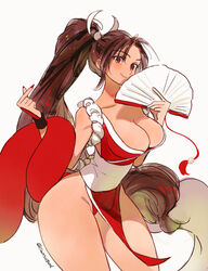  breasts brown_eyes brown_hair cleavage collarbone fatal_fury female hand_fan high_ponytail holding holding_fan red_nails revealing_clothes shiranui_mai simple_background smile solo sumustard the_king_of_fighters thighs white_background 