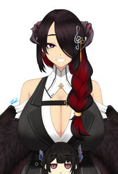  2girls artist_name bare_shoulders belt black_dress black_hair braid breasts bright_pupils chest_strap chibi cleavage collar collared_dress colored_inner_hair demon_girl demon_horns dress earrings feathered_wings french_braid grin hair_ornament hair_over_one_eye hair_over_shoulder highres hololive hololive_english horns huge_breasts jewelry long_hair looking_at_viewer low_wings mamarissa mature_female mole mole_under_eye multicolored_hair multiple_girls musical_note musical_note_hair_ornament nerissa_ravencroft purple_eyes red_eyes red_hair ryu_seung shirt simple_background slit_pupils smile solo_focus treble_clef two-tone_hair virtual_youtuber white_background white_collar white_pupils white_shirt wings 