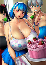  3girls absurdres bare_shoulders black_hair blue_eyes blue_hair blue_skirt bracelet breasts cleavage erkaz food fruit gigantic_breasts hairband head_tilt highres huge_breasts indoors jewelry looking_at_viewer medium_hair miniskirt multiple_girls open_mouth original party_horn plate pleated_skirt red_eyes rey_tannhauser_(erkaz) rina_atherina skirt smile strapless strawberry tank_top tube_top twintails v veins veiny_breasts white_hairband yukihana_(erkaz) 