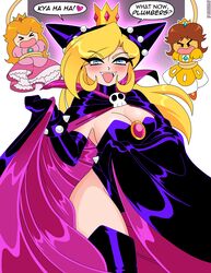  &gt;_&lt; 3girls absurdres angry animal_ears aqua_gemstone aura black_cape black_footwear black_gloves black_leotard blonde_hair blue_eyes boots bracelet breasts brooch brown_hair cape chibi cleavage collared_cape crown dress elbow_gloves english_commentary english_text fake_animal_ears fake_horns fangs flipped_hair flower_brooch gloves heart heart_in_eye high_collar highleg highleg_leotard highres hood hood_up hooded_cape horned_hood horns jewelry large_breasts latex latex_leotard leotard mario_(series) mario_power_tennis mario_tennis mini_crown multiple_girls nico-neko open_mouth parted_bangs petticoat pink_dress pink_gemstone princess_daisy princess_peach purple_cape purple_footwear purple_gloves purple_leotard sidelocks skull_brooch spiked_belt spiked_bracelet spikes strapless strapless_leotard swept_bangs symbol_in_eye thigh_boots warupeach yellow_dress 