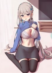  black_skirt black_thighhighs blue_hair blue_sweater braid braided_hair_rings breasts cleavage clothes_lift commentary_request curtains earrings elfenlied22 fate/grand_order fate_(series) female grey_hair hat highres indoors jewelry large_breasts lifting_own_clothes long_hair looking_at_viewer multicolored_hair no_shoes paid_reward_available pope_joan_(fate) sitting skirt smile solo sweater sweater_lift television thighhighs turtleneck turtleneck_sweater 