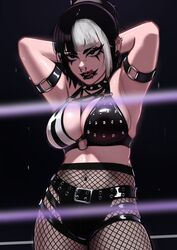  absurdres arm_belt armpits arms_behind_back arms_up belly black_eyes black_hair black_lips black_shorts blunt_bangs breasts chest_harness cleavage collar contrapposto eyeliner female fishnet_pantyhose fishnets flying_sweatdrops harness highres large_breasts leather_shorts licking_lips lip_piercing makeup mika_(veyonis) multicolored_hair navel nose_piercing o-ring o-ring_top original pantyhose piercing shorts skindentation solo spiked_collar spikes sweat thighs toned toned_female tongue tongue_out two-tone_hair tying_hair veyonis wrestling wrestling_outfit wrestling_ring 