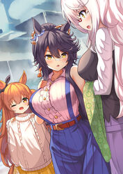  3girls :d ;d animal_ears belt biwa_hayahide_(umamusume) black_bow blue_eyes bow breasts brown_belt center_frills commentary_request dress ear_bow ear_ornament frilled_dress frills grey_hair hand_on_own_chest highres holding_sweater horse_ears horse_girl large_breasts long_hair long_sleeves looking_at_viewer mayano_top_gun_(umamusume) multiple_girls narita_brian_(umamusume) one_eye_closed open_mouth orange_eyes outdoors plaid plaid_skirt red-framed_eyewear shirt skirt smile textless_version umamusume white_shirt yellow_eyes yellow_skirt yuutopia 