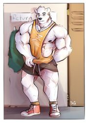  2019 5_fingers anthro areola bear biceps big_muscles biped black_bottomwear black_clothing black_nipples black_shorts blue_eyes bottomwear clothing dog_tags eyebrows fingers footwear fur hi_res locker_room makowolf1 male mammal muscular nipples pecs plantigrade polar_bear quads red_clothing red_footwear red_shoes shirt shoes shorts solo tank_top topwear ursine white_body white_fur yellow_clothing yellow_shirt yellow_tank_top yellow_topwear 