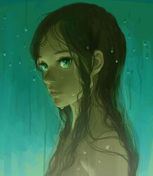  aonuma_neiru aqua_background bare_shoulders dark-skinned_female dark_skin expressionless eyelashes female gradient_background green_background green_eyes green_theme highres jya_yan lips long_hair looking_ahead looking_at_viewer messy_hair nose nude parted_lips portrait solo wet wonder_egg_priority 