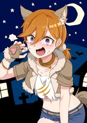  @_@ alternate_hairstyle animal_ears bat_(animal) belt blue_shorts blush brown_belt brown_jacket choker collarbone commentary_request crescent cropped_jacket cropped_shirt crying crying_with_eyes_open embarrassed extra_ears female hair_between_eyes highres jacket looking_at_viewer love_live! love_live!_superstar!! medium_hair midriff navel night night_sky open_mouth orange_choker orange_hair paw_print_palms ponytail purple_eyes shibuya_kanon shirt short_sleeves shorts sky solo sweat tail tears tetetsu_(yuns4877) torn_clothes torn_shirt torn_shorts upper_body white_shirt wolf_ears wolf_tail 