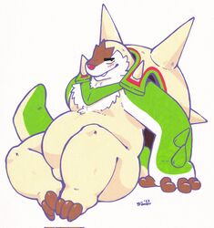  2023 anthro biped blush chesnaught fur generation_6_pokemon green_body hi_res looking_at_viewer male nintendo pokemon pokemon_(species) raburigaron sitting sitting_on_ground slightly_chubby smile solo white_body white_fur 