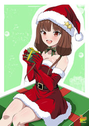  :d absurdres bare_shoulders bow bowtie breasts brown_eyes brown_hair cleavage collarbone dress elbow_gloves female fur-trimmed_gloves fur_trim gift gloves green_background green_bow green_bowtie hat highres holding holding_gift iino_miko kaguya-sama_wa_kokurasetai_~tensai-tachi_no_renai_zunousen~ long_hair medium_breasts metaminegl red_gloves santa_dress santa_hat sitting smile solo teeth twintails upper_teeth_only white_background 