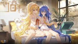  2girls arkria_hroptr_(benghuai_xueyuan) bare_legs bare_shoulders barefoot bed bed_sheet benghuai_xueyuan blonde_hair blue_hair book box camisole choker copyright_name hair_between_eyes hair_ornament hairclip heterochromia highres holding honkai_(series) indoors karin_mered_(benghuai_xueyuan) logo long_hair multiple_girls official_art on_bed pillow plant purple_eyes red_eyes second-party_source sitting white_camisole white_choker window yellow_eyes 