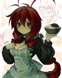  :&lt; antenna_hair apron artist_name black_bow black_bowtie bow bowl bowtie breasts cleavage closed_mouth drek2xme drill_hair female french_text funamusea hair_between_eyes hand_on_own_chest highres holding holding_bowl large_breasts lobco_(funamusea) lobster_girl lobster_tail looking_at_viewer maid maid_apron oounabara_to_wadanohara outline red_eyes red_hair rice rice_bowl solo sweatdrop twin_drills watermark white_outline 